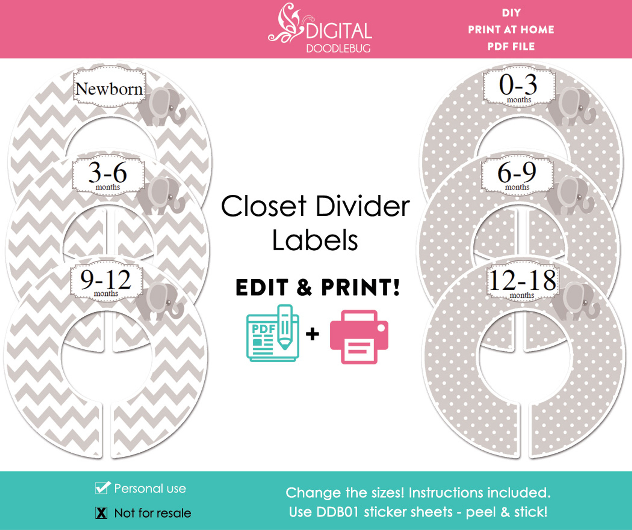 Grey Elephant Printable Closet Dividers photograph about Printable Dividers named Grey Elephant Printable Closet Dividers